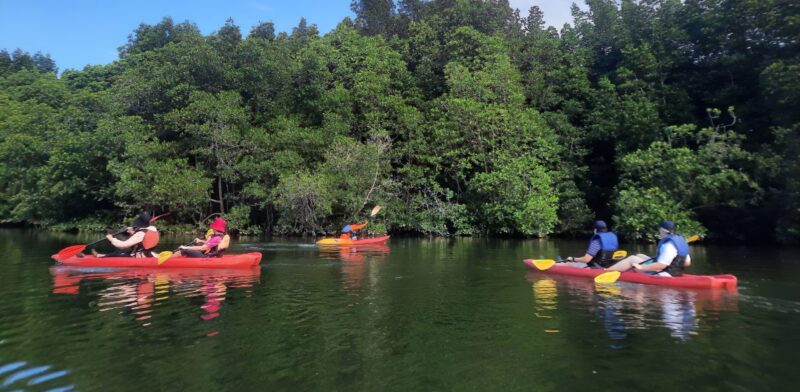 family kayaking